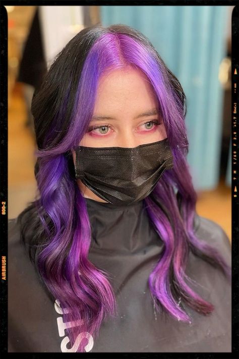 Hair Color Idea Purple Hair Front Strands, Front Hair Dyed Streaks Blue, Black Hair With Purple Halo, Purple Hair Front Pieces, Brown Hair With Purple Peekaboos, Underdye Hair Purple, Purple Hair Dye Ideas For Brunettes, Purple Hair Strands, Black Wolf Cut Hair