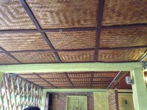 Bamboo mat ceiling Bamboo Mat Ceiling, Inquilab Zindabad, Bamboo Wall Covering, Club Design Interior, Tea Room Design, Bamboo Privacy, Bamboo Ceiling, Rustic Cafe, Bamboo Mat