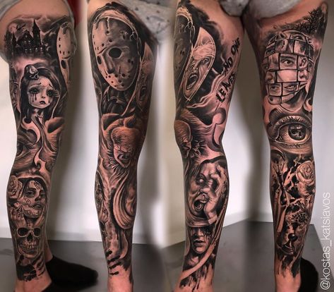 Evil Leg Tattoos, Evil Arm Sleeve Tattoos, Goth Leg Sleeve Tattoo, Scary Movie Tattoos Leg Sleeve, Horror Tattoo Leg Sleeve, Plus Size Leg Sleeve Tattoo, Halloween Leg Sleeve, Horror Movie Tattoos Leg Sleeve, Horror Movie Leg Sleeve