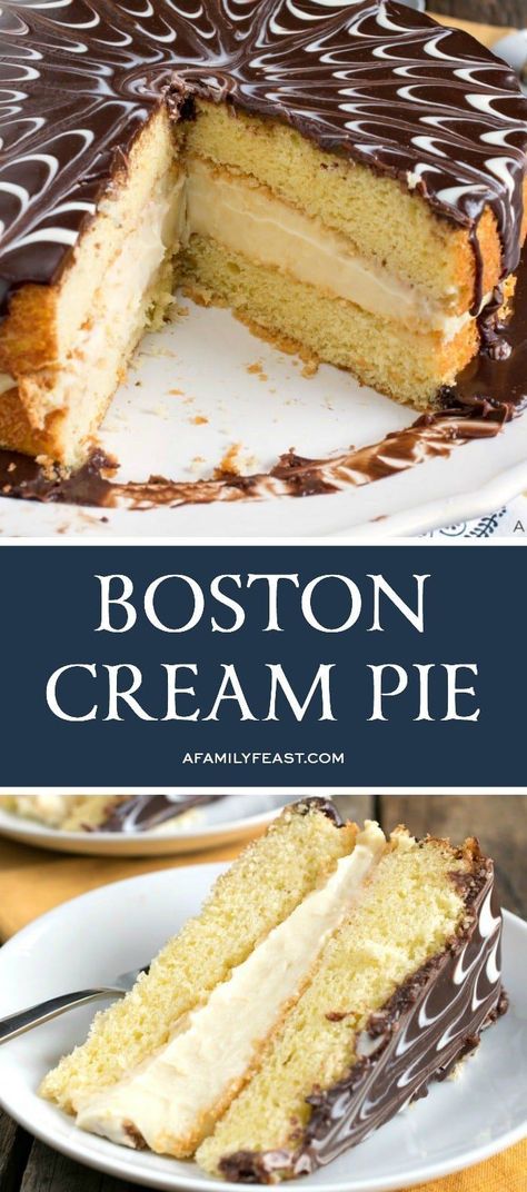 Boston Cream Pie is a buttery yellow sponge cake, filled with creamy custard, and topped with a chocolate ganache. Boston Cream Pie Recipe, Boston Cream Cake, Sponge Cakes, Boston Cream Pie, Cream Pie Recipes, Boston Cream, Pie Cake, Köstliche Desserts, Cake Servings