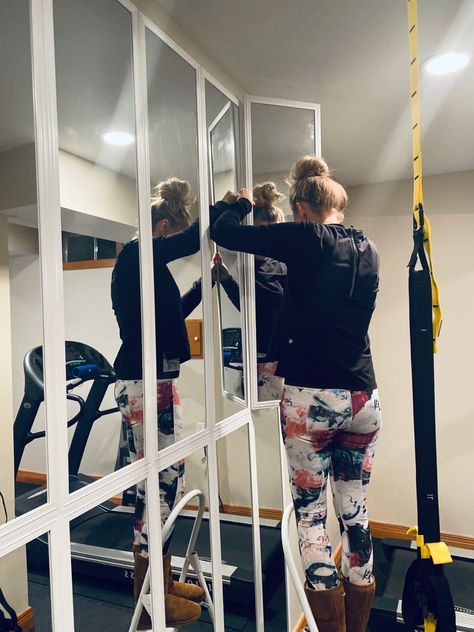 DIY Mirror Wall - Home Gym on a Dime - A Midlife Style, Home, Décor & DIY Blog Gym Mirror Wall, Basement Home Gym, Small Home Gyms, Gym Basement, Home Gym Mirrors, Yoga Area, Home Gym Basement, Diy Mirror Wall, Home Gym Garage