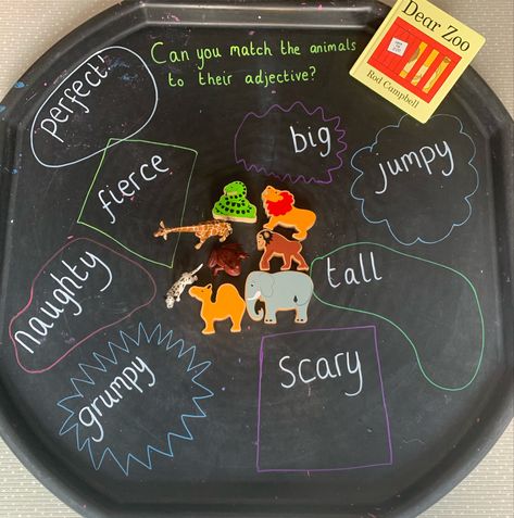 Building on phonics, story telling, animal recognition / sounds, reading, writing and understanding of adjectives Zoo Tuff Tray, Dear Zoo Tuff Tray Ideas, Dear Zoo Activities Eyfs, Dear Zoo Activities, Zoo Animal Activities, Tuff Tray Ideas Toddlers, Dear Zoo, Zoo Activities, Autumn Animals