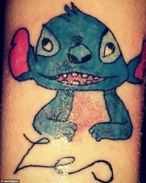 Oh dear! This tattoo was meant to be Stitch from the Disney hit Lilo and Stitch but it is not the greatest copy of the character Disney Tattoos For Men, Lilo And Stitch 3, Disney Stitch Tattoo, Lilo And Stitch Tattoo, Couple Tattoos Unique Meaningful, Tiki Tattoo, Father Daughter Tattoos, Freedom Tattoos, Bulldog Tattoo