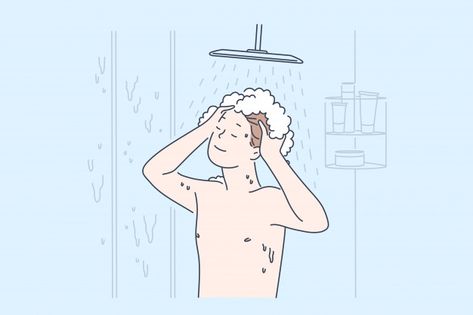 Personal hygiene and cleanliness, daily ... | Premium Vector #Freepik #vector #water #man #character #hair Personal Cleanliness, Character Hair, Websites Templates, Man Shower, Standing Shower, Hair Illustration, Proper Hygiene, Illustration Story, Person Drawing