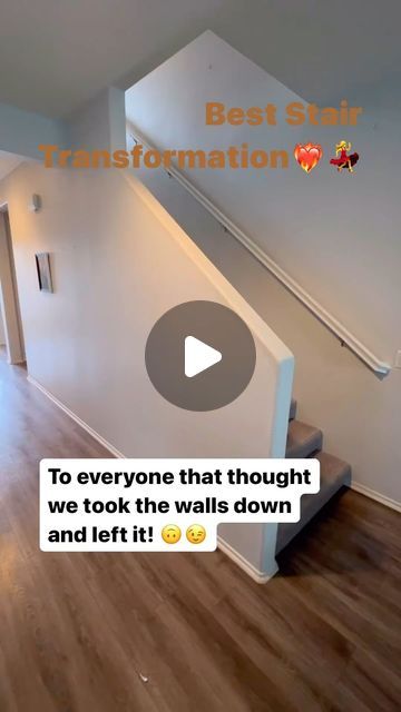 Shari Cooper on Instagram: "Gorgeous💃Notice they ripped the carpet out to the gray Wood Floors👌The Rail System Completes the transformation to a more Modern Decor👍Sometimes Spend the$$$ instead of moving🤷‍♀️#share #staircase #stairdesign #stairrennovation #stairmakeover #interiordesign #design #discoqueen_58" Makeover Stair Railings, Replacing Stair Railing Banisters, From Carpet To Wood Stairs, Diy Stairs Railing Makeover, Couch In Front Of Staircase, Stair Case Paint Ideas, Stairs With No Railing, Stair Renovation Before And After, Change Stair Railing