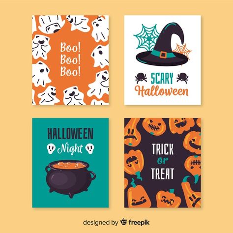 Pack of flat halloween cards Free Vector by WORLOT for freepik Halloween Promotions, Halloween Journal, Halloween Background, Halloween Artwork, Halloween Vector, Vector Graphics Design, Halloween Illustration, Halloween Clipart, Scary Art