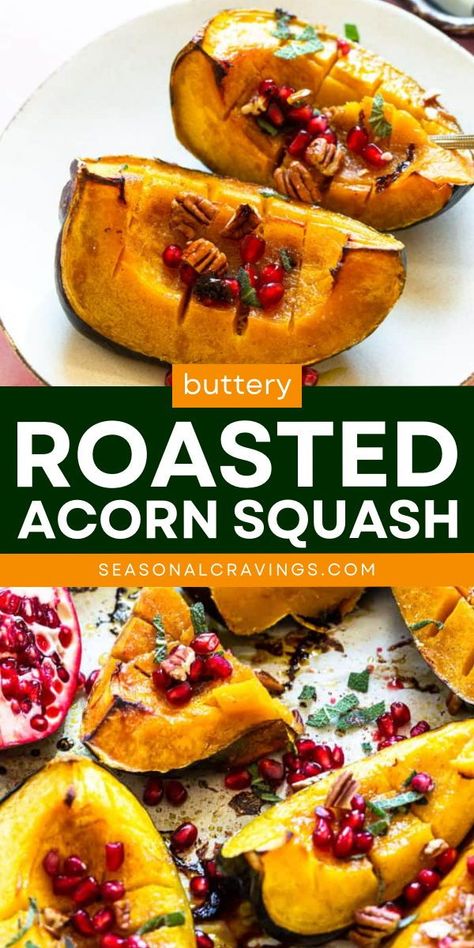 This Buttery Roasted Acorn Squash is a delightful Thanksgiving side dish idea that everyone will love. Drizzled with melted butter and maple syrup, it pairs perfectly with pasta, quesadilla, or salad. It makes an easy Christmas side dish, too. Cook it now! Roasted Acorn Squash Maple Syrup, Gluten Free Thanksgiving Dinner, Healthy Thanksgiving Dinner, Christmas Side Dish, Acorn Squash Recipe, Cravings Recipes, Thanksgiving Side Dishes Healthy, Vegan Thanksgiving Dinner, Vegan Christmas Dinner