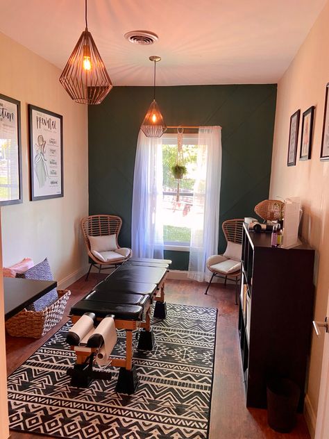 Massage Office Design, Boho Chiropractic Office, Small Chiropractic Office Design, Boho Massage Room, Chiropractor Office Design, Chiropractic Decor, Acupuncture Office, Chiropractic Office Decor, Chiro Office