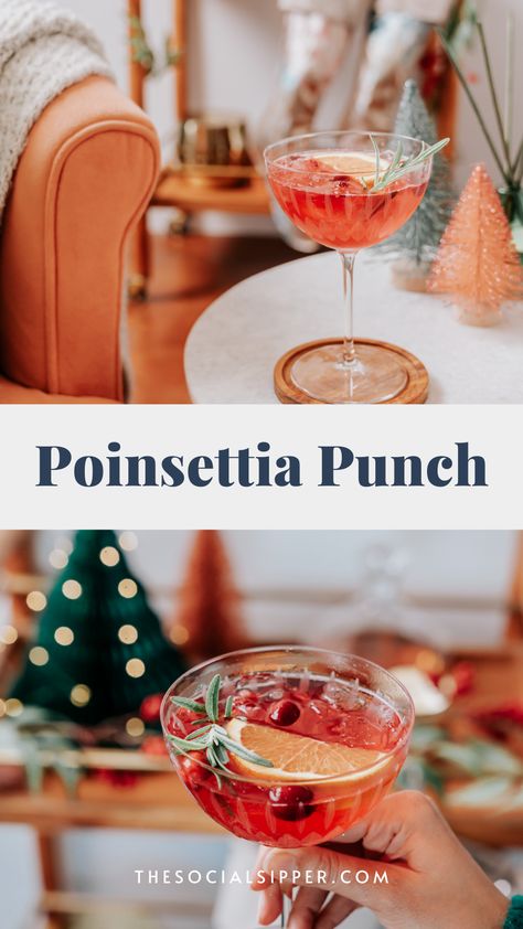 Looking for a fun holiday cocktail for the Christmas season? Try this poinsettia punch for a festive holiday drink that you can make as a batch drink for holiday parties. #holidaycocktails #holidaydrinks Christmas Punch Prosecco, Easy Batch Christmas Cocktails, Boozy Holiday Punch, Champagne Punch Christmas, Christmas Wine Punch, Christmas Pitcher Drinks, Christmas Cocktail Pitcher, Batch Cocktails Christmas, Holiday Batch Cocktails