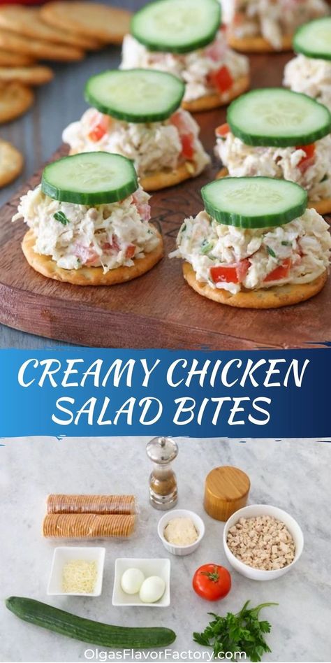 Creamy Chicken Salad bites served on crunchy crackers are such a simple and satisfying appetizer, lunch or snack. Put your leftover chicken to good use and make this delicious chicken salad with some eggs, cheese, tomato – all staple ingredients that you probably have in your kitchen already. The crisp and juicy cucumber tops it all off perfectly.