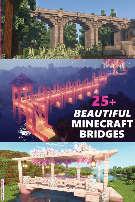 Looking for🌉Minecraft bridge ideas for long distance cover or just searching inspo for cute things to build in the game? Here are some absolutely beautiful Minecraft bridge designs with🌟tutorials🌟! Japanese bridges, fairy garden bridges, Squid Game bridges, railway bridges, cottage core bridges, medieval overpasses, mineshaft bridges and much more! #minecraft #minecraftbuilds #minecraftdesigns #minecraftbridge Minecraft Village Bridge, How To Build A Bridge In Minecraft, Birch Bridge Minecraft, Long Bridges Minecraft, Minecraft Bridges Long, Long Bridge Minecraft Design, Minecraft Big Bridge Ideas, Minecraft Bridge Tutorial, Minecraft Bridge Long