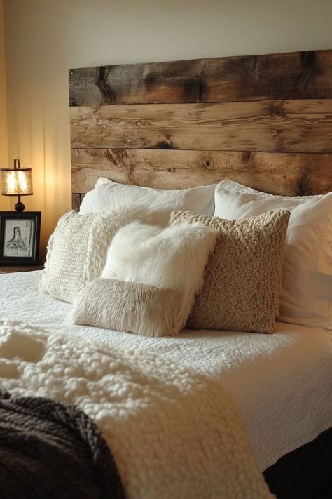 "Add rustic charm to your bedroom with a DIY Reclaimed Wood Headboard! 🛏️🛠️ Perfect for a unique, eco-friendly focal point. 🌿✨ #ReclaimedWood #DIYHeadboard #BedroomDecor" Diy Wood Headboard Ideas Rustic, Wood Headboard Ideas, Wood Plank Headboard, Fake Headboard, Cozy Headboard, Barnwood Headboard, Plank Headboard, Rustic Apartment Decor, Diy Reclaimed Wood