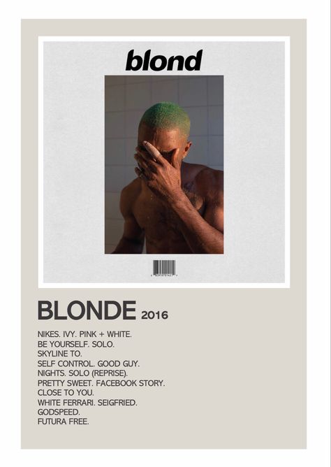 Frank Ocean Music, White Ferrari Frank Ocean, Minimalist Album Poster, Frank Ocean Blonde, Art Pants, Frank Ocean Album, Frank Ocean Poster, Ocean Music, 2016 Songs