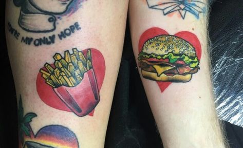 Burger Tattoo, Tattoo Healing Stages, Matching Disney Tattoos, Couple Tattoo Quotes, Ny Tattoo, Lilo And Stitch Tattoo, Bff Tats, Matching Tattoos For Best Friends, Cute Matching Tattoos