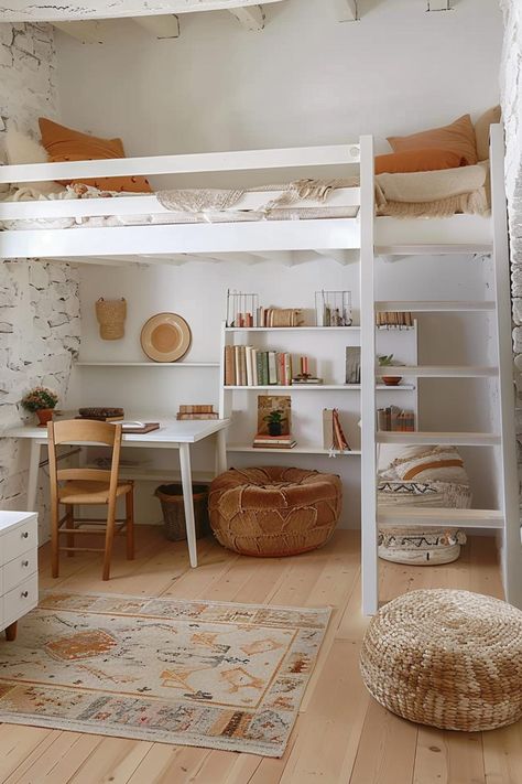 40 Loft Bedroom Ideas: Maximizing Your Space With Style Scandi Loft Bed, Loft Bed Bedrooms, Teenager Loft Bed, Under Loft Bed Ideas Teenager, Sharing Room Ideas, Girl Loft Bed, Bedroom With Loft Bed, Under Loft Bed Ideas Kids, Built In Loft Bed