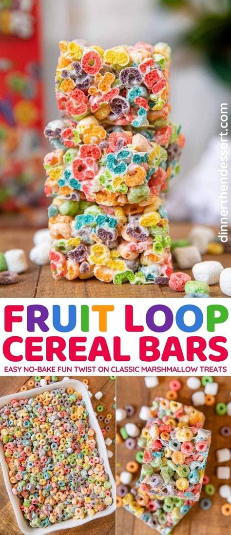 Marshmallow Cereal Treats, Fruity Pebbles Treats, Cereal Bars Recipes, Fruit Loops Cereal, Marshmallow Cereal, Rainbow Snacks, Fruity Pebble, Fruity Pebbles Cereal, Kid Friendly Dessert