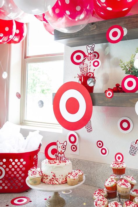 Target party theme idea - brought to you by That Gift Game - The exciting way to gift exchange! Target decorations, Target birthday party invitations, red and white balloon garland, and bullseye cake topper made this little shopaholic's birthday just what she was hoping for! Red And White Balloon Garland, Target Birthday Cakes, Target Birthday Party, Christmas Gift Exchange Party, Target Birthday, Target Baby Shower, Target Party, Birthday Cale, White Balloon Garland