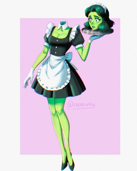 Heads up! 💀✨ ^^^^^^^^^^^^^^^^^^^^^ This imaginative artwork showcases a quirky, headless maid character holding her own head on a silver tray. The character is designed in a traditional maid’s outfit, complete with a black dress, white apron, and gloves. Her bright green skin adds a unique, slightly eerie twist to the overall composition. The character’s expression on her detached head is one of surprise or worry, contrasting with the calm, upright posture of her body. The soft pastel purpl... Headless Character, Maid Character, Upright Posture, Green Skin, White Apron, Silver Trays, The Calm, Heads Up, Bright Green