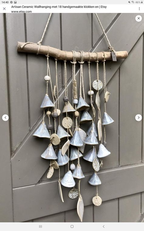 Ceramic Feathers Handmade, Ceramic Wind Chimes Pottery, Pottery Windchimes, Collaborate Art, Clay Mobile, Clay Bells, Ceramic Wind Chimes, Beginner Pottery, Ceramic Bell