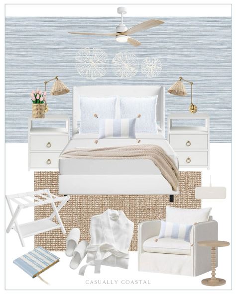 Sky Blue & White Striped Down … curated on LTK Gray Malin Bedroom, Serena And Lily Bedroom, Serena And Lily Inspired, Serena And Lilly, Bed Pillow Styling, White Upholstered Chair, Coastal Guest Bedroom, Pottery Barn Rugs, Guest Bedroom Inspiration