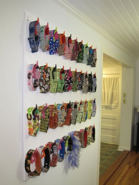 How to store and organize dog collars and leashes? - Doberman Forum : Doberman Breed Dog Forums Dog Collar Organizer, Leash Organization, Dog Collar Storage Ideas, Dog Collar Organization, Dog Collar Storage, Dog Wardrobe, Organize Dog Stuff, Dog Dresser, Dog Collar Display