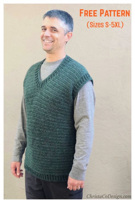 V-neck Men's Sweater Vest Free Crochet Pattern Mens Crochet Vest, Crochet Sweater Vest Pattern, Mens Vest Pattern, Sweater Vest Pattern, Vests Men, Vest Pattern Free, Crochet Sweater Vest, Vest Crochet, Crochet Men