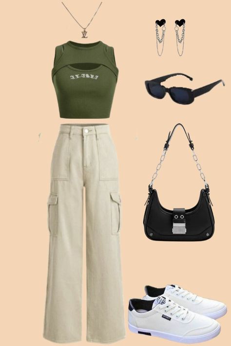 Unique Cargo Pants Outfit, Crop Top And Cargo Pants Outfit, Olive Green Pants Outfit, Green Top Outfit, Olive Green Crop Top, Green Pants Outfit, Cargo Outfit, Olive Shirt, Wardrobe Upgrade