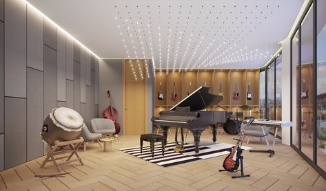 Gallery of BIG and Uribe & Schwarzkopf Unveil Rose-Colored Tower in Ecuador - 25 Luxury Music Room, Big Room Design, Music Room In House, Music Room Interior Design, Music Room Interior, Music Practice Room, Music Interior Design, Modern Music Room, Instrument Room