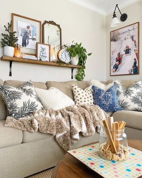 Behind Couch Wall Decor Apartment, Corner Above Couch, Large Wall Behind Couch Decor Shelves, Gallery Wall Above Sectional Couch, Wall Shelf Ideas Behind Couch, Over The Couch Shelf Decor Ideas, Country Home Living Room Decor, Next To Couch Decor, Living Room Wall Above Couch Decorating Ideas