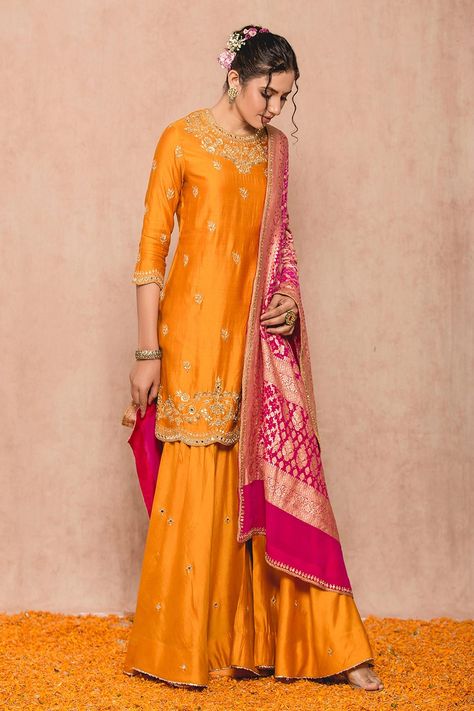 Buy Surbhi shah Yellow Cotton Silk Kurta Sharara Set Online | Aza Fashions Designer Lehnga Choli, Bandhani Dupatta, Haldi Outfits, Kurta Sharara Set, Haldi Outfit, Mustard Orange, Kurta Sharara, Pakistani Wedding Outfits, Silk Kurta