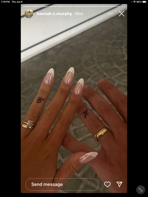 Matching Non Matching Tattoos Couples, Newly Wed Tattoo Ideas, Biblical Couple Tattoos, Married Tattoos Matching, Partner Tattoos Couples Love, Marriage Tattoos Husband Wife, Boyfriend Matching Tattoos, Ring Finger Initial Tattoo, Matching Initial Tattoos