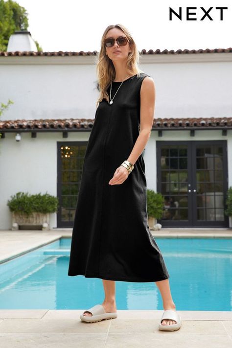 Sleeveless Cotton Jersey Midi Summer Dress Midi Summer Dress, Summer Black Dress, Black Casual Dress, Holiday Wardrobe, Midi Dress Summer, Black Dresses Casual, Tee Dress, Black Sleeveless, Girls Night Out