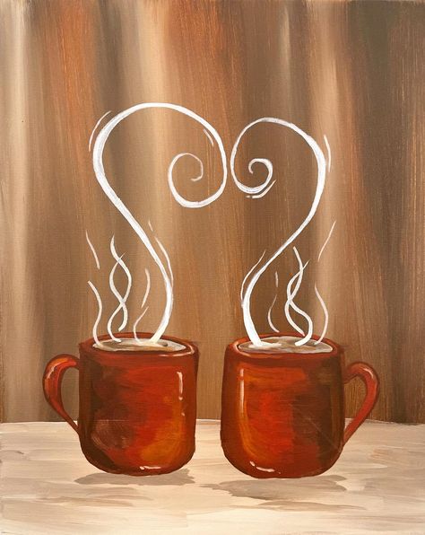 Coffee Acrylic Painting Easy, Winter Sip And Paint Ideas, Simple Coffee Painting, Valentine's Drawings, Step By Step Canvas Painting Easy, Sip And Paint Party Ideas, Coffee Painting Tutorial, Book Painting Ideas On Canvas, Valentines Painting Ideas