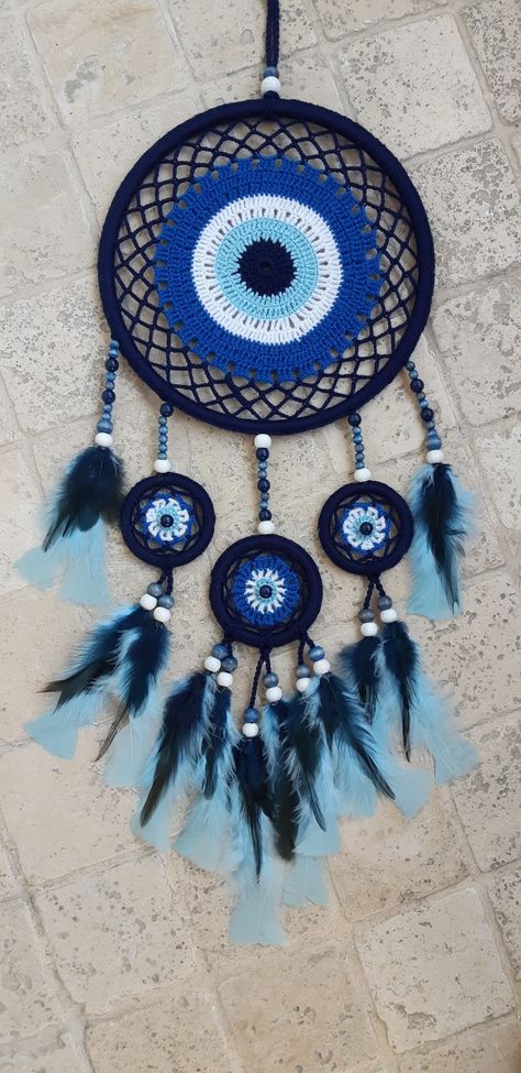 Evil Eye Dream Catcher Diy, Evil Eye Dreamcatcher, Evil Eye Dream Catcher, Evil Eye Crochet, Crochet Evil Eye, Evil Eye Wall Decor, Dream Catcher Mandala, Knitting Room, Dream Catcher Decor