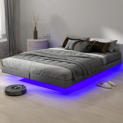 Floating Bed Frame with LED Lights Metal Slats Underbed Storage Space No Box Spring Cool Queen Size Bed Frames, Floating Bed With Led Lights Under, Gaming Room With Bed, Bed With No Frame, Queen Size Bed In Small Room, Led Lights Under Bed, Floating Bed Design, Living Room Humidifier, Queen Size Floating Bed Frame