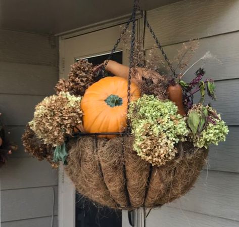 Fall Outdoor Hanging Basket Ideas, Hanging Fall Decorations Outdoor, Fall Outdoor Hanging Baskets, Diy Fall Hanging Basket Ideas, Fall Shepards Hook Ideas, Fall Hanging Basket Ideas Front Porch, Hanging Baskets For Fall, Fall Porch Hanging Baskets, Outside Fall Decorations Front Yards Pots & Planters