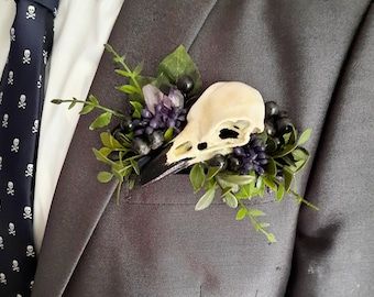 Gothic Wedding Theme, Dark Wedding Theme, Floral Pocket Square, Pagan Wedding, Wedding Corsage, Raven Bird, Crow Bird, Viking Wedding, Eclectic Wedding