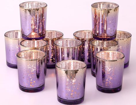 PRICES MAY VARY. 💜DISTINCTIVE PURPLE+GOLD DESIGN -- Giving a Gorgeous But Timeless Look: We chose to add gold to the top of the purple cup body to add a sense of sophistication, perfect for purple and gold-themed decoration. Mercury speckled effect on the votive candle holders will enhance the natural warm light of candles, keep shining in your life. 💜ELEGANT TABLE CENTERPIECES -- Create A Relaxing and Romantic Ambiance for Wedding/Engagement: These pretty purple candle holders are both stylis Simple Party Table Decor, Purple And Gold Party Decorations, Lsu Wedding, Purple And Gold Party, Purple Table Decorations, Purple Table Settings, 18th Debut, Purple Candle Holders, Centerpiece Purple