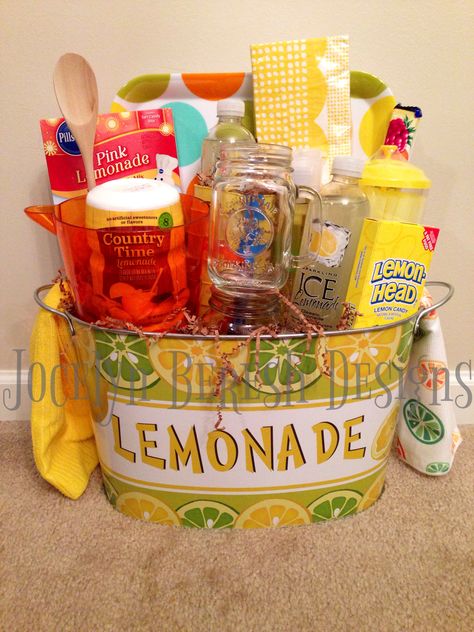 "Lemonade" gift basket by #jocelynbereshdesigns.  Like us on FB for great great gift, event and design ideas!  Custom gift basket.  Gift concierge.  Luxury gift baskets.  Housewarming.  Closing basket.  Auction basket.  Fundraising. Unisex Basket Ideas, Gift Baskets For Raffles Fundraising, Donation Gift Baskets Raffle Ideas, Fundraiser Baskets Themed, Basket Themes For Auction, Baskets For Raffles Fundraisers Kids, Summer Chinese Auction Baskets, Summer Gift Baskets, Auction Gift Basket Ideas