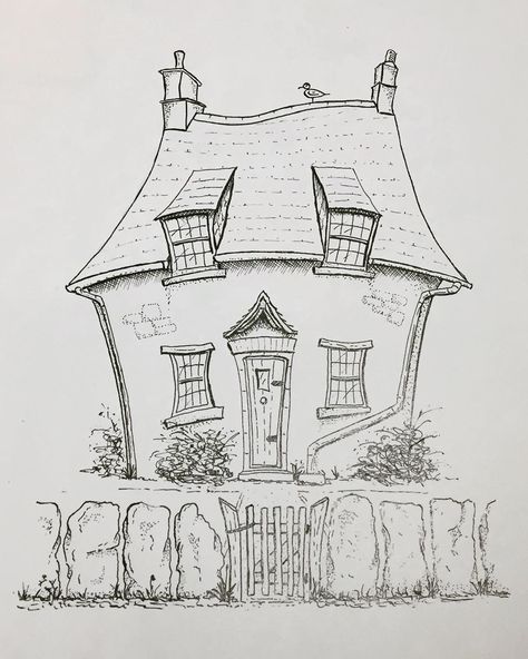 This lovely old cottage can be found in the Cotswolds, UK, and is built with the local stone. I love the gravestone-like slabs used as a… Cute House Drawing Cottages, Cottage Drawing Simple, Old House Illustration, Cute Cottage Drawing, Cottage House Drawing, Old House Drawing, Cottage Sketch, Whimsical Buildings, Cottage Drawing