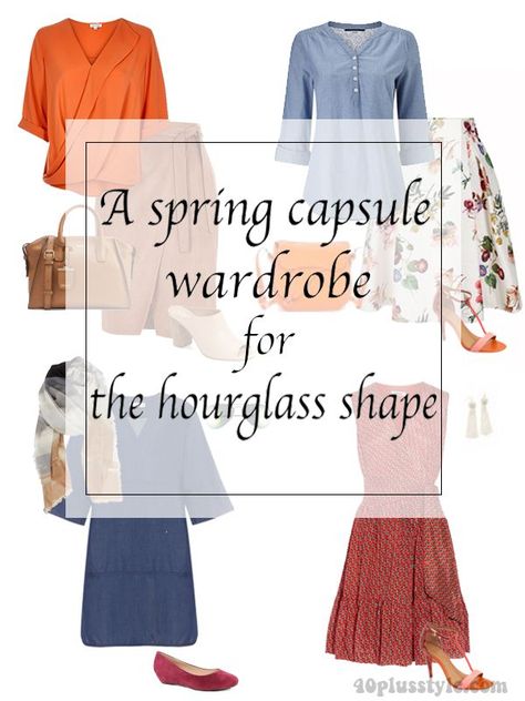 spring capsule for the hourglass body shape | 40plusstyle.com Full Hour Glass Shape Outfits, The Full Hour Glass Shape Outfits, Hourglass Spring Outfits, Summer Outfits For Hourglass Shape, Capsule Wardrobe Hourglass Shape, Hourglass Figure Outfits Summer, Full Hourglass Figure Outfits, Hourglass Wardrobe, Hourglass Tips