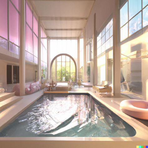 Levino × DALL·E | a sunlit indoor lounge area with a pool with clear water and another pool with translucent pastel pink water, next to a big window, digital art Pink Swimming Pool, Luxury Apartment Pool, Pink Pool, Apartment Pool, Big Swimming Pools, Backyard Gym, Inside Pool, Waiting Room Design, Big Pools