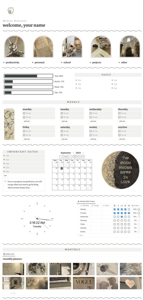 Student Notion Aesthetic, Notion Main Page Ideas, 2024 Notion Planner, Aesthetic Notion Planner, Academic Notion Aesthetic, Notion Cover Neutral, Notion Planner Template Aesthetic, Notion Journal Template Aesthetic, Dnd Notion Template