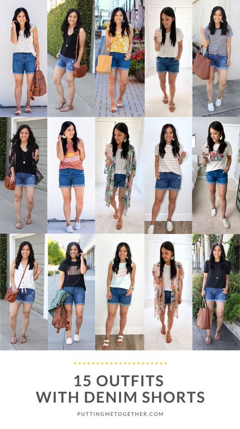 It’s the middle of summer, and I know style can tend to wane when the weather is hot. In case you’re looking for some motivation or inspiration to get dressed, let’s do a quick and easy remix, looking at 15 outfits with comfortable denim shorts! Black Denim Shorts Outfit, Blue Jean Shorts Outfit, Summer Jean Shorts Outfit, Blue Shorts Outfit, Denim Shorts Outfit Summer, Casual Shorts Outfit, Shorts Outfit Casual, Outfits For Short Women, 15 Outfits