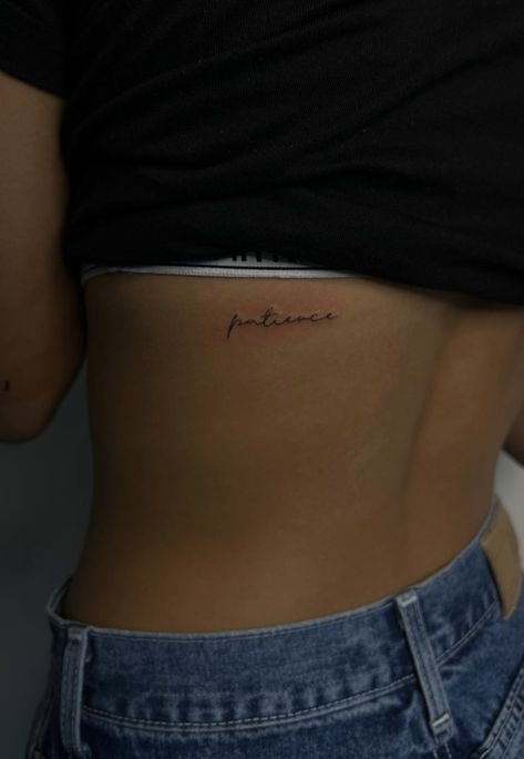 With You Tattoo, Back Ribcage Tattoo, Tattoo On Hip Bone For Women, Lower Back Word Tattoos For Women, Back Bra Line Tattoo, Front Rib Cage Tattoos For Women, Rib Tatoos Woman, Side Tattoo Placement, Fine Line Tattoo Rib Cage