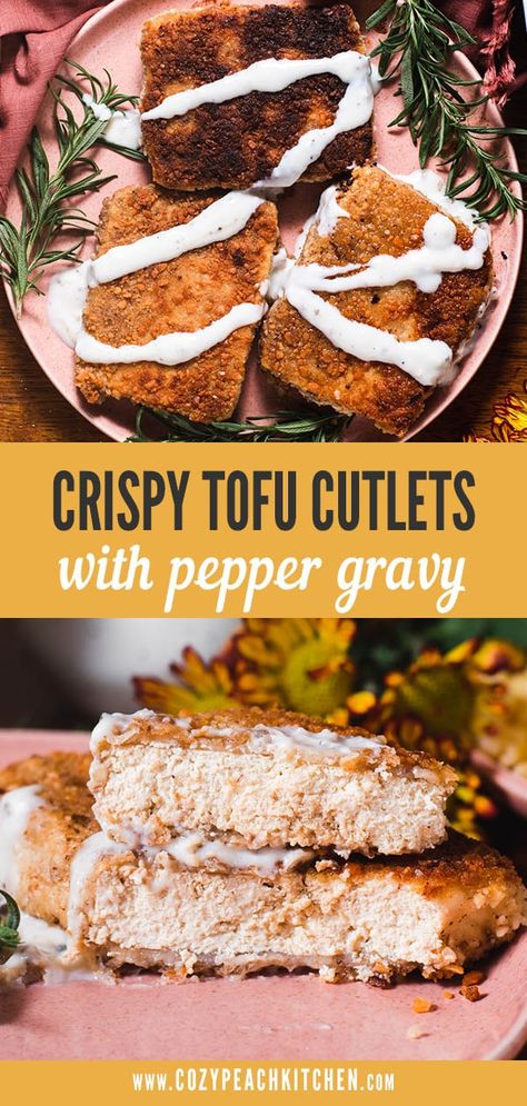 Crispy breaded tofu cutlets are lightly pan-fried and perfect as a vegetarian centerpiece for dinner, Thanksgiving and Christmas! #tofu #maincourse #veganthanksgiving Tofu Recipes For Thanksgiving, Tofu Snitzel, Breaded Tofu Recipes, Tofu Thanksgiving Recipes, Beancurd Recipes, Christmas Tofu, Thanksgiving Tofu, Protein For Lunch, Tofu Cutlets