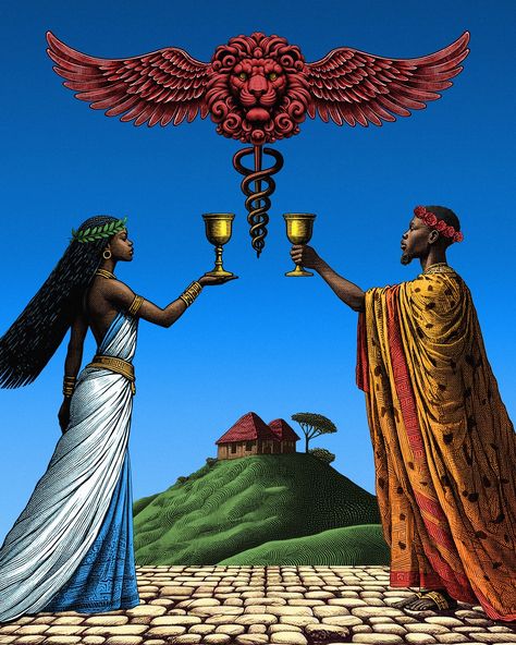 This card shows an image of a man and a woman that are exchanging their cups in a ceremony. There is the symbol of Hermes’ caduceus in between which is often related to negotiation, trade, cosmic energy, protection, proper conduct, and duality. The Two of Cups refers to something quite positive, for it is one of the most auspicious cards in the tarot for relationships, whether romantic, business or otherwise. It suggests a new partnership is in the works, and it will be created with balance, ... Akasha Core, Hoodoo Art, Hermes Caduceus, Two Of Pentacles, Tarot Minor Arcana, Peaceful Love, Suit Of Cups, Soulmates Art, Two Of Cups