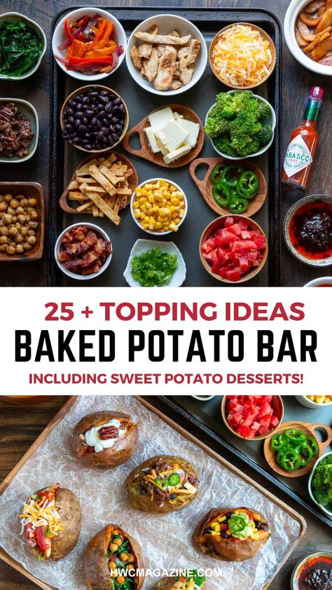 Loaded Potato Bar, Potato Bar Party, Baked Potato Bar Toppings, Sweet Potato Desserts, Potato Bar Toppings, Potato Desserts, Mashed Potato Bar, Baked Potato Toppings, Party Food Bars