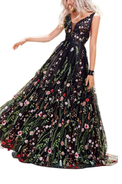 Floral Embroidered Backless Sleeveless Evening Dress Casual Gowns, Prom Dresses 2023, Popular Prom Dresses, Cheap Summer Dresses, Black Ball Gown, Backless Evening Dress, Floral Prom Dresses, Maxi Dress Prom, فستان سهرة