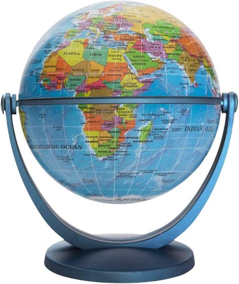 This political blue ocean globe is a 4-inch, compact, multi-directional mini globe by stellanova emblazoned with over 600 geographical names. With it's swivel and tilt technology, the globe can be easily rotated in all directions, and is supported by an elegant, highly stable base. The precise, easy to read map is scaled at 1:128 million. Expertly crafted of an injection molded plastic, it's brilliant color and sleek lines allow the piece to perform as well as a striking accent piece as it does Floor Globe, Globe Bar, Desk Globe, Mini Globe, Kids Globe, Globe Art, World Globes, Globe Decor, World Globe